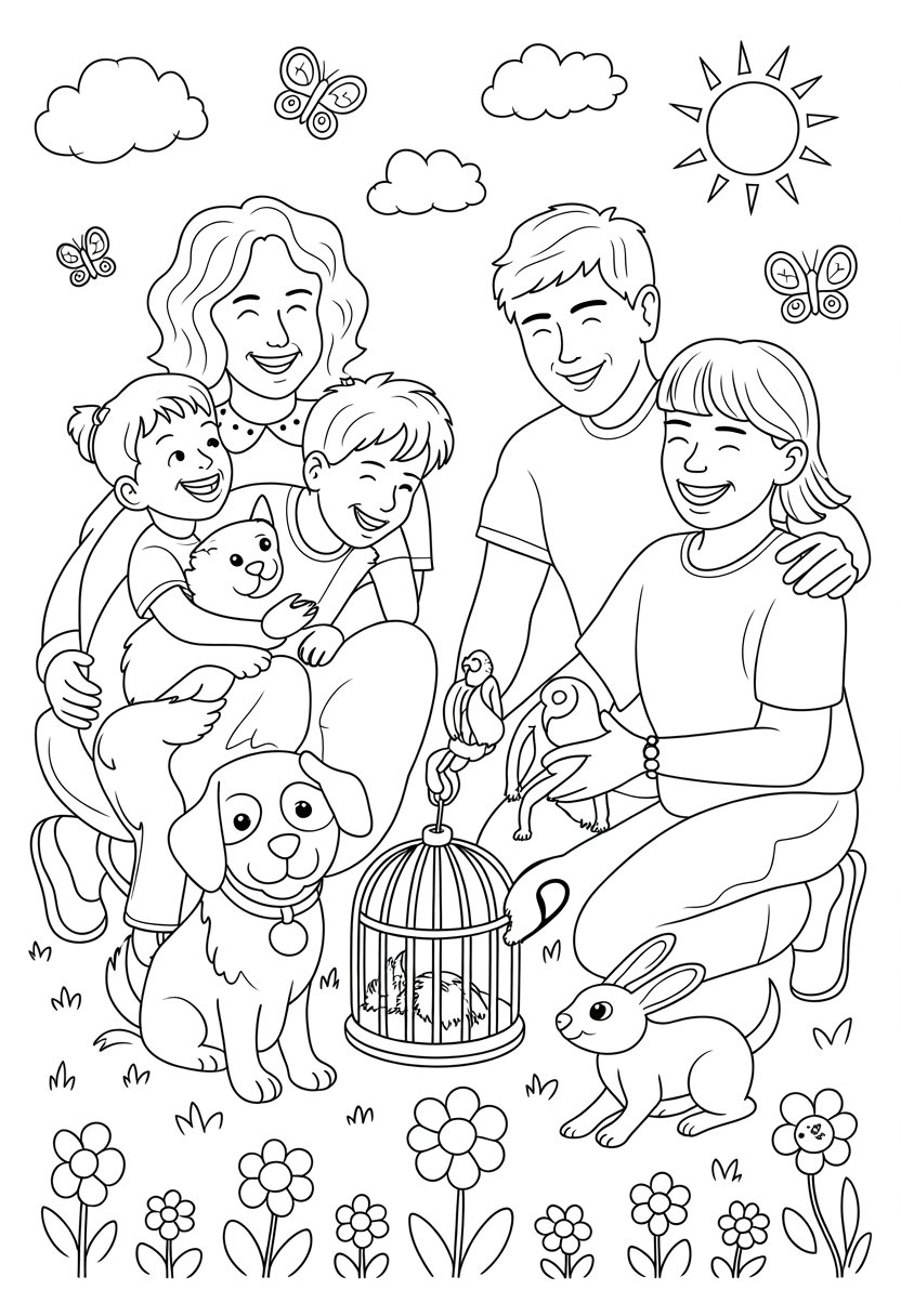I Love My Family Coloring Pages List of 13 Fun and Educational Designs 29 A family of four outdoors happily spending time with their dog, cat, bird, and rabbit surrounded by flowers and butterflies.